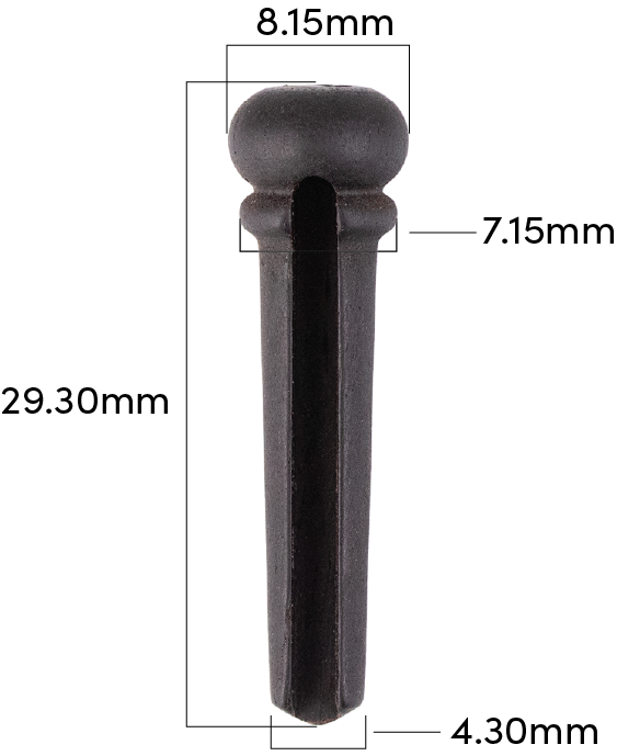 An ebony bridge pin for acoustic guitar with measurements