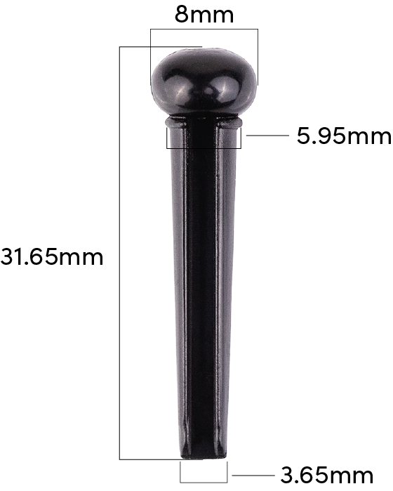 a side view of a black bridge pin for acoustic guitar with measurements