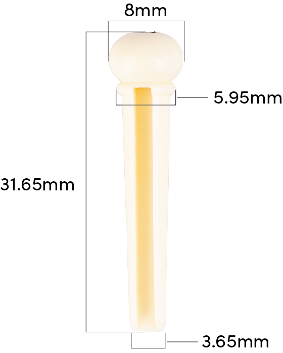 A side view of a cream colored bridge pin for acoustic guitar with measurements