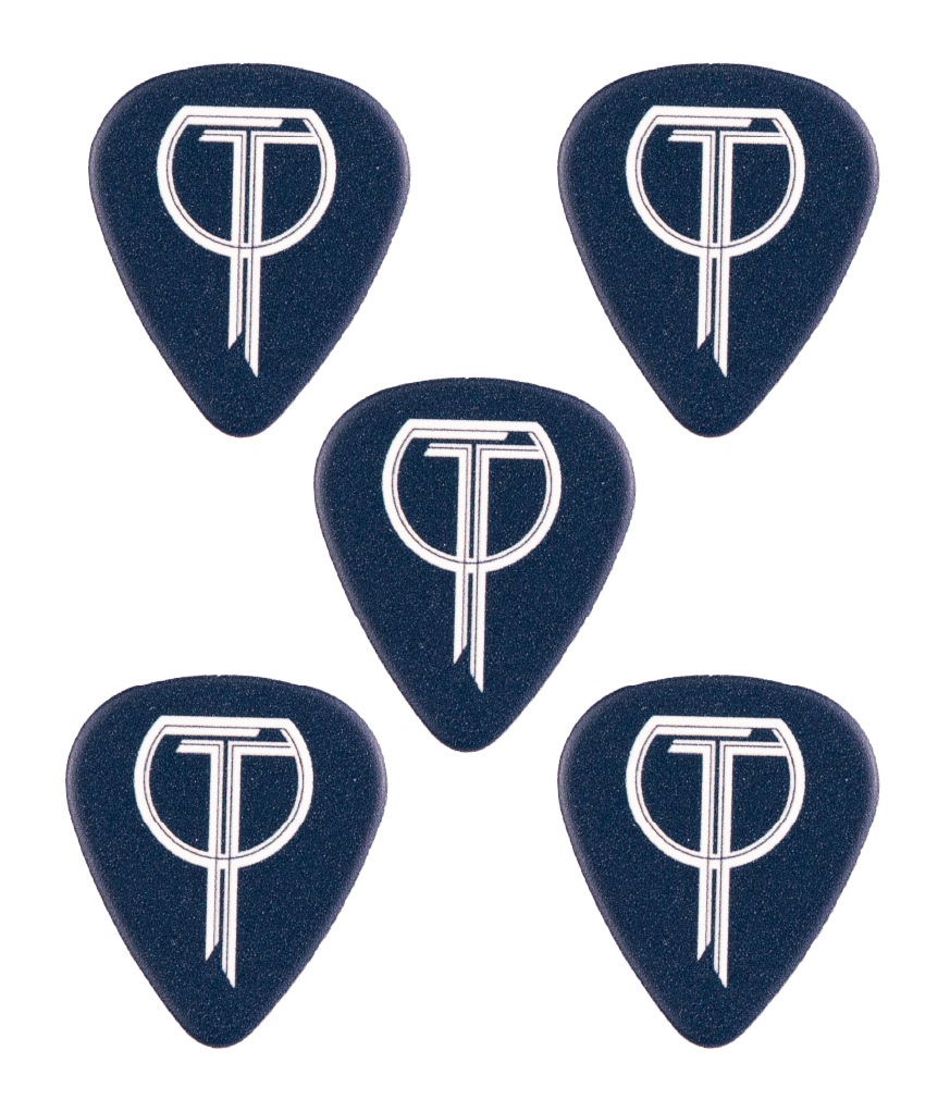 Five dark blue picks on a white background