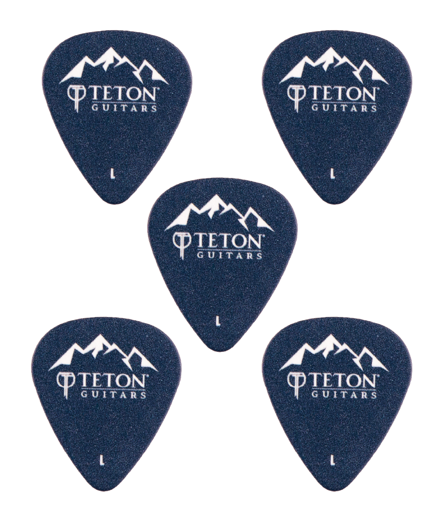 Five dark blue picks with Teton Guitars branding on a white background
