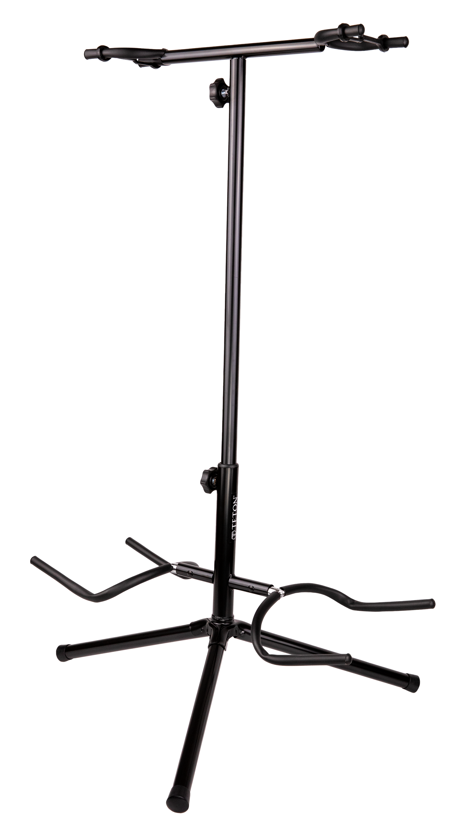 An empty black guitar stand that can hold two guitars on a white background