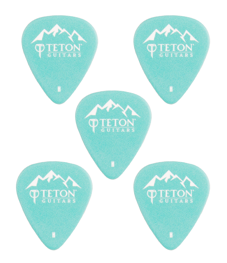 Five teal guitar picks with Teton Guitars branding on a white background