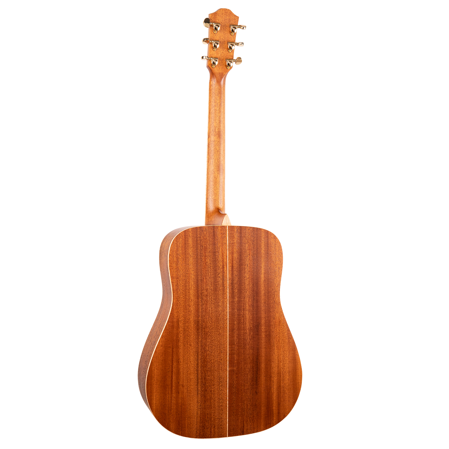 Back view of a wooden acoustic guitar on a white background