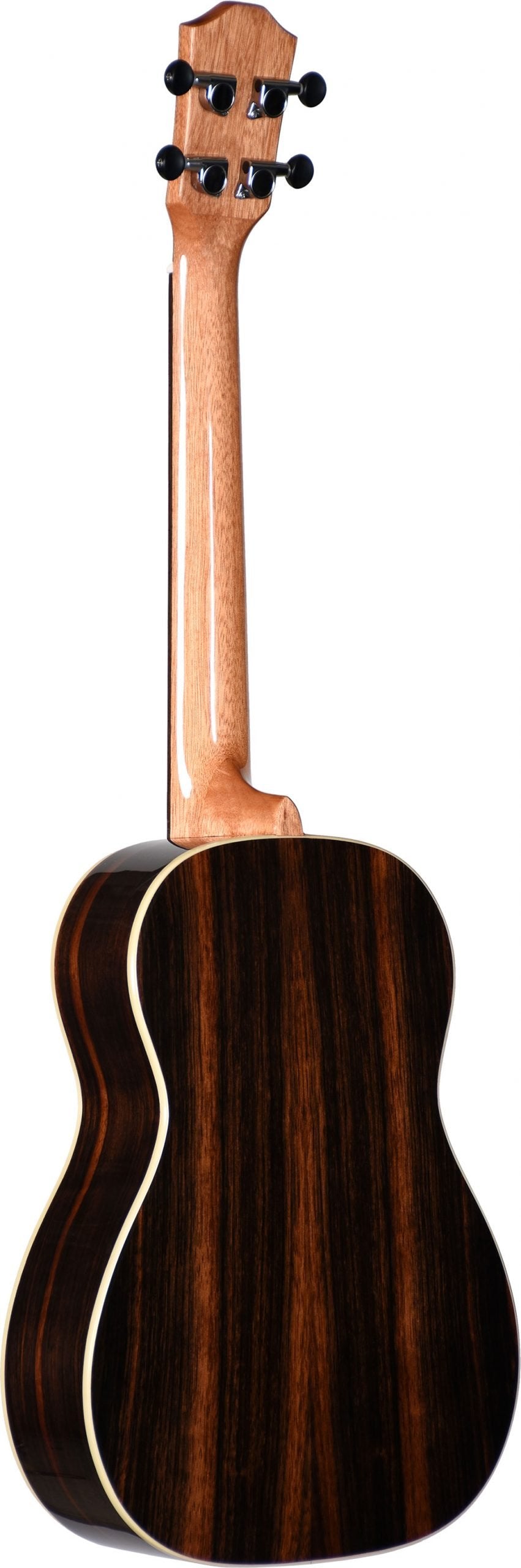 Back view of a baritone ukulele with dark figured wood on the body