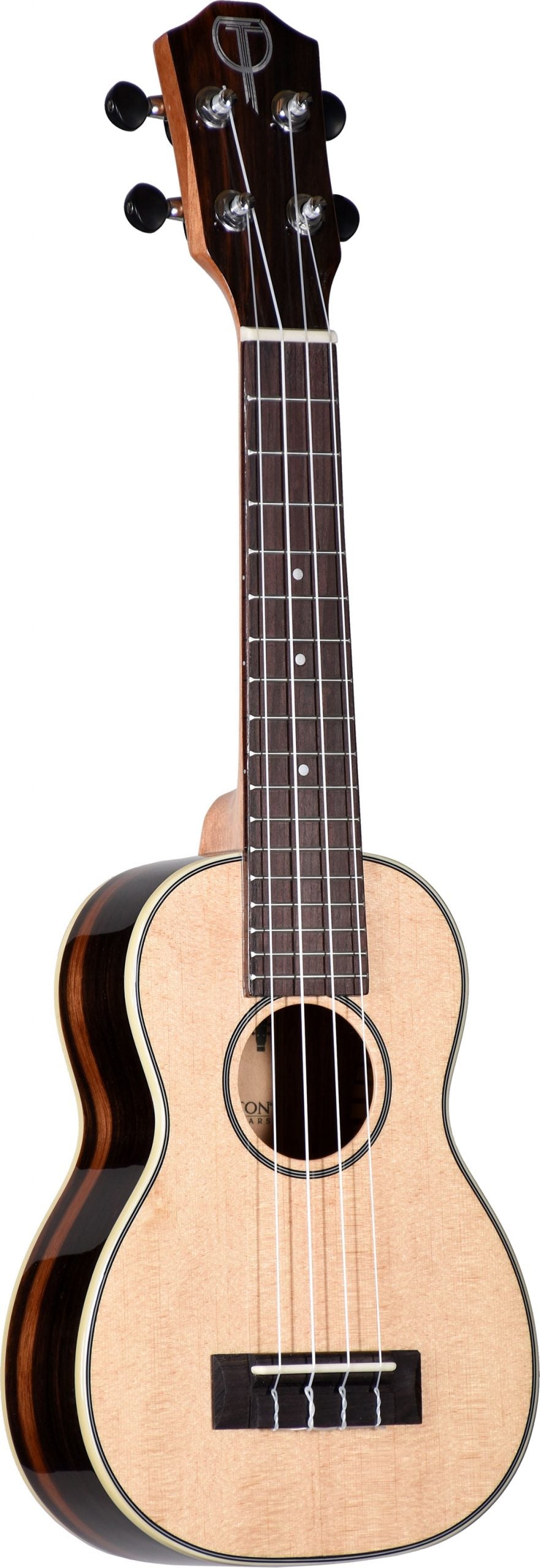 Front view of a soprano ukulele with a spruce top and ebony back/sides - also has Teton Guitars branding on the headstock