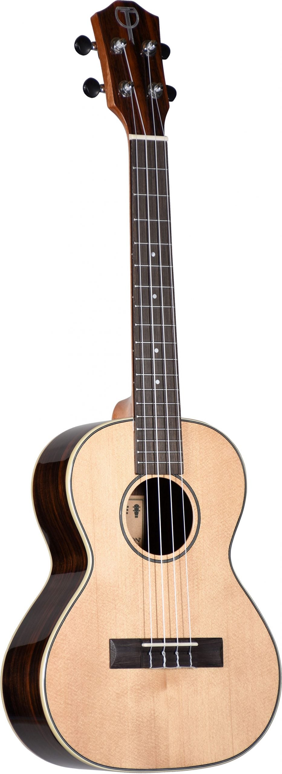 Front view of a tenor ukulele with spruce top and ebony back/sides - the headstock has Teton Guitars branding