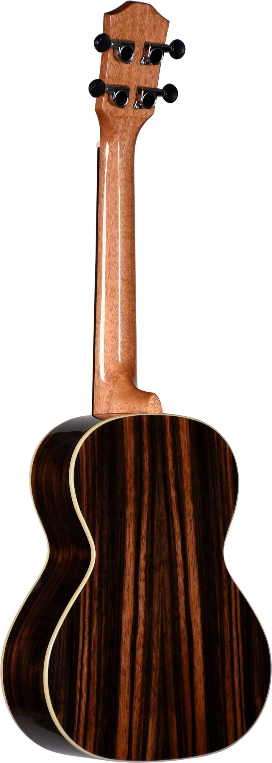 Back view of a tenor ukulele with figured ebony wood on the body