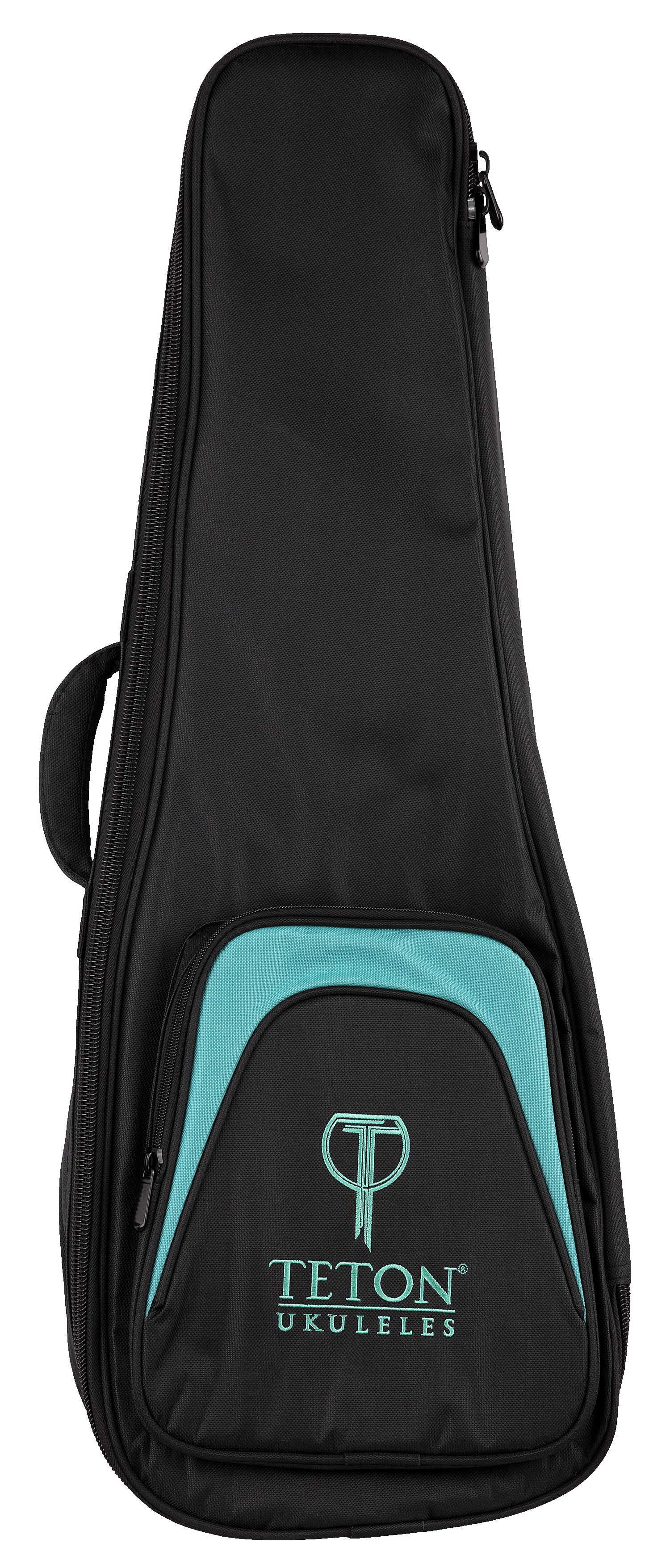 The front view of a black and teal ukulele gig bag with Teton Ukuleles branding