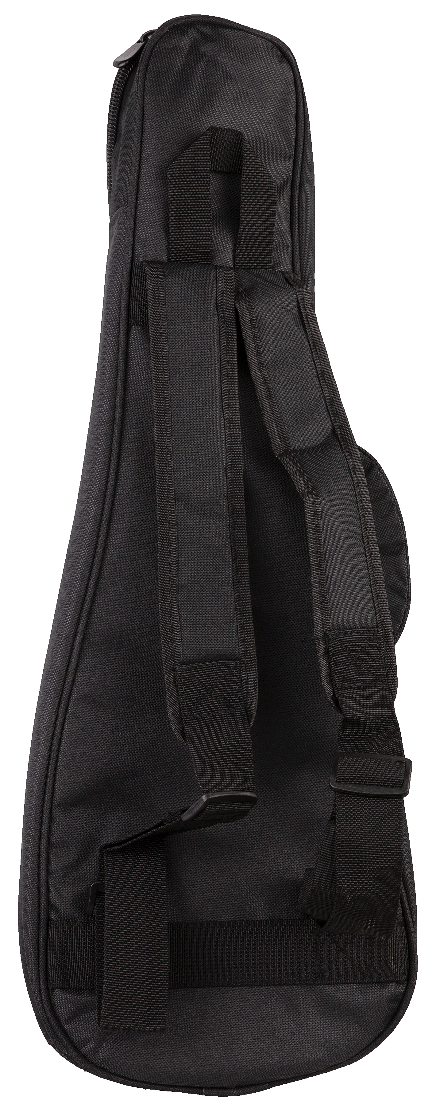 Back view of a black ukulele gig bag with backpack straps visible