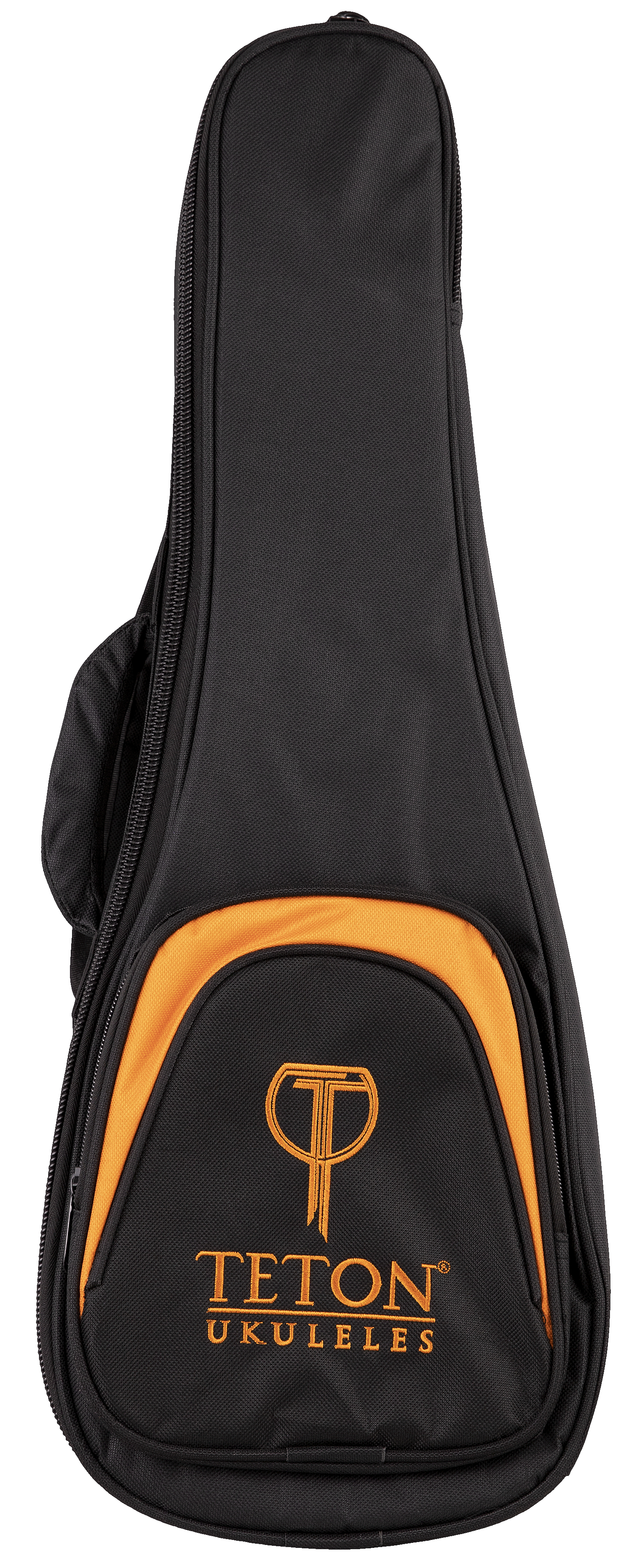 Front view of a black and orange ukulele gig bag with Teton Ukuleles branding