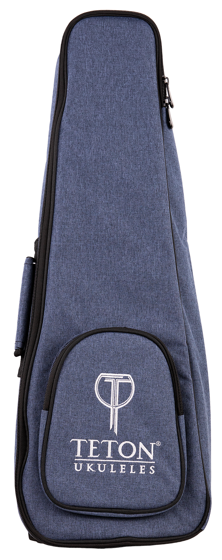 A blue ukulele gig bag with Teton Ukuleles branding
