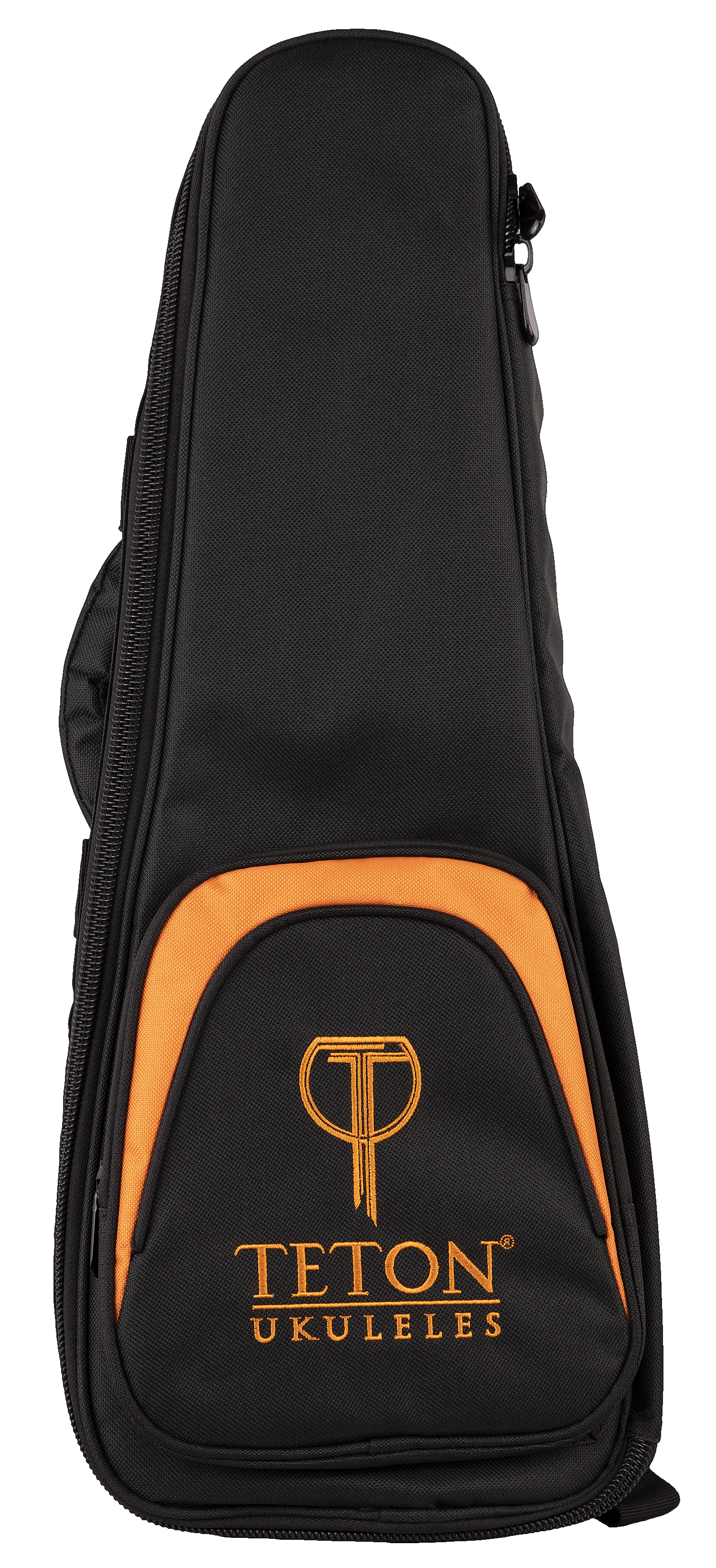 Front view of a black and orange ukulele gig bag with Teton Ukuleles branding