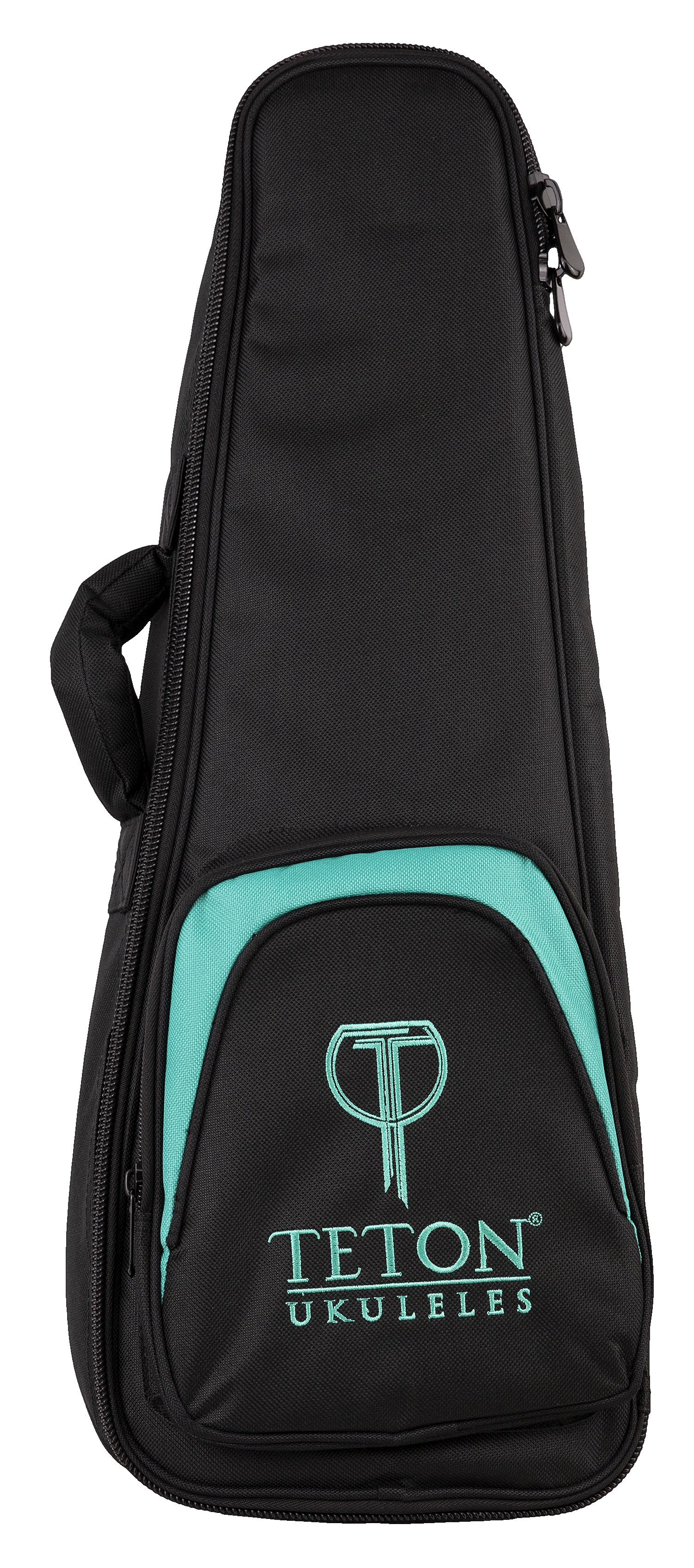 Front view of a black and teal ukulele gig bag with Teton Ukuleles branding