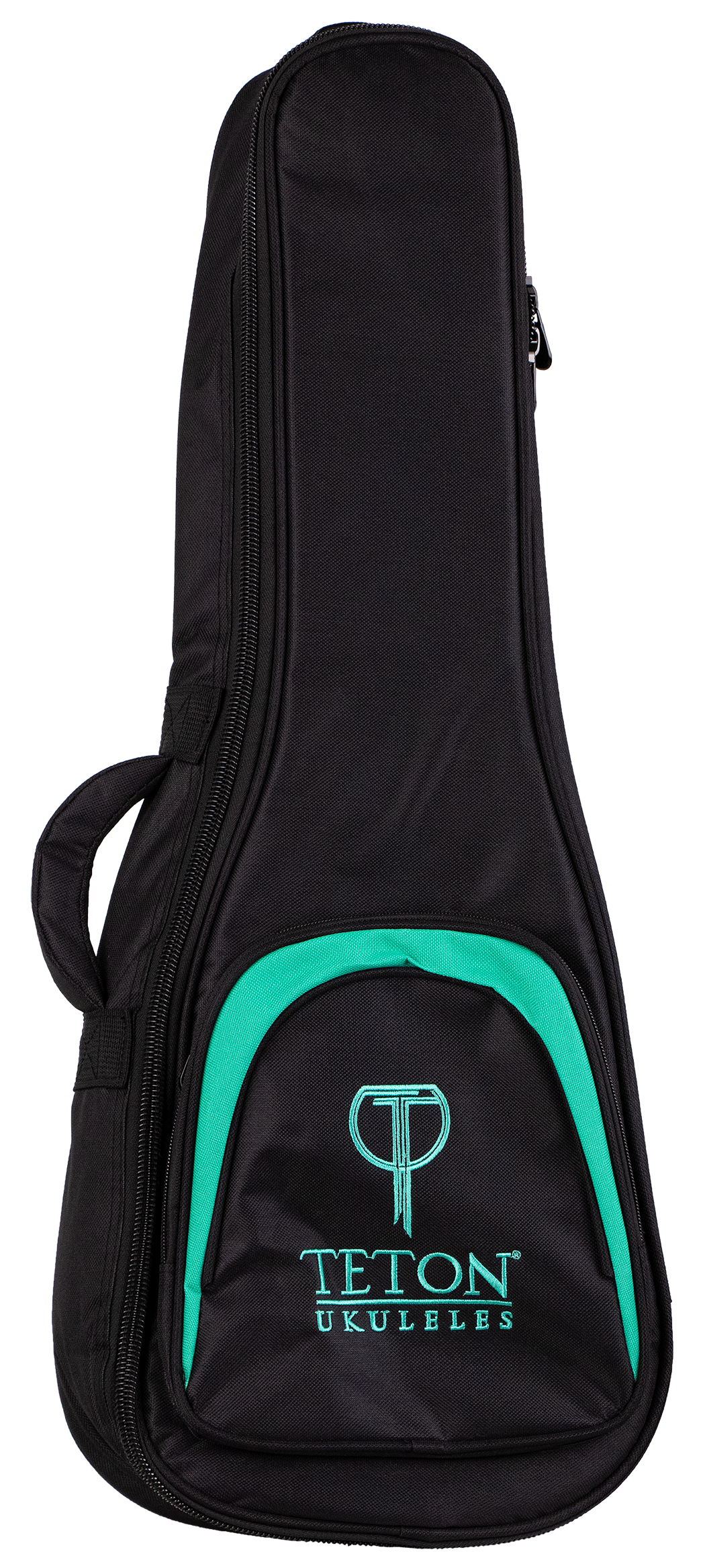 A black and teal ukulele gig bag with Teton Ukuleles branding