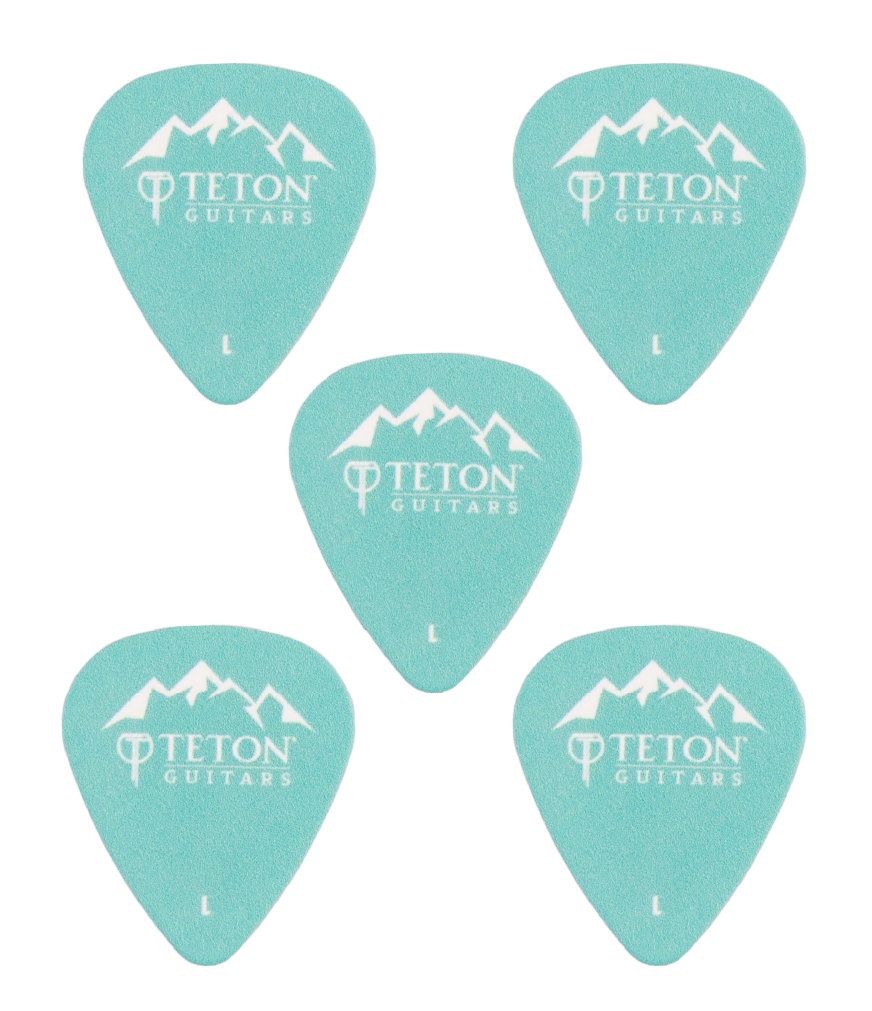 Five teal guitar picks with Teton Guitars branding on a white background