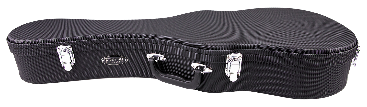 Black ukulele case with Teton Guitars branding on a white background