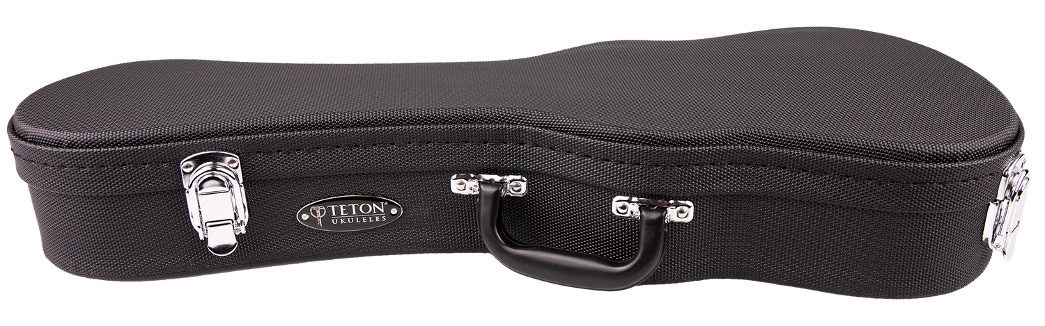 A black soprano ukulele case with Teton Guitars branding on a white background