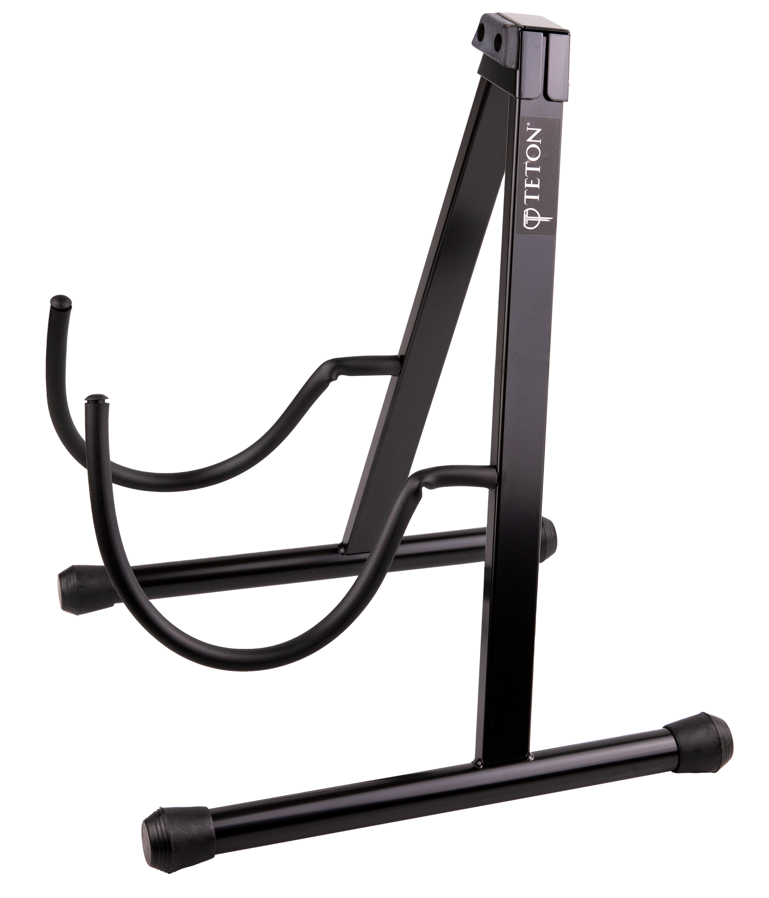 A black guitar stand with Teton Guitars branding on a white background