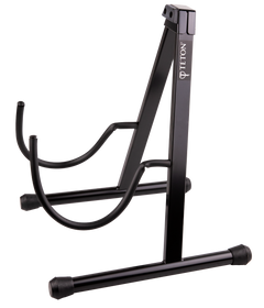 A black guitar stand with Teton Guitars branding on a white background