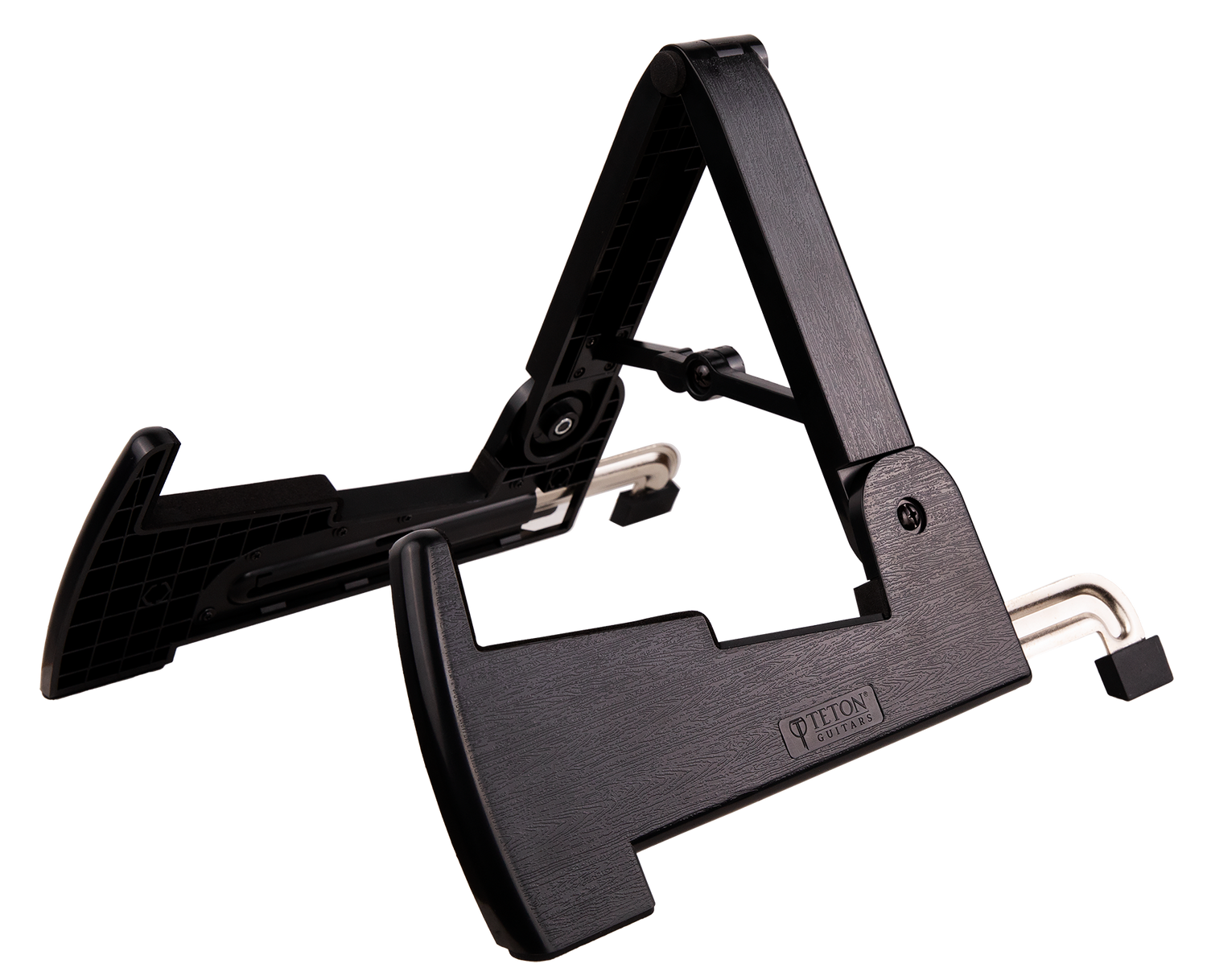 A black compact guitar stand with Teton Guitars branding on a white background