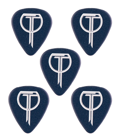 Five dark blue guitar picks on a white background