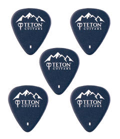 Five dark blue guitar picks with Teton Guitars branding on a white background