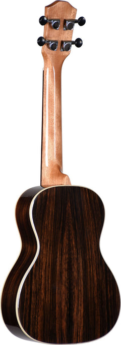 The backside of an acoustic ukulele with a dark ebony body