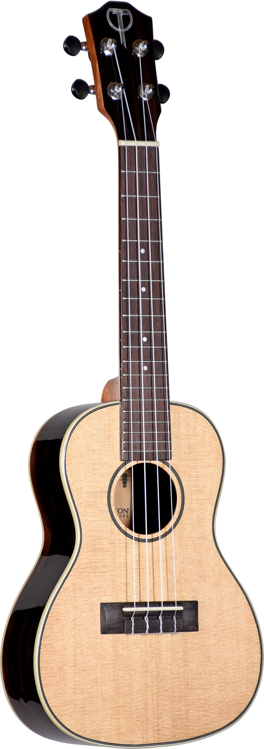 The front of an acoustic ukulele with Teton Guitars branding on a white background