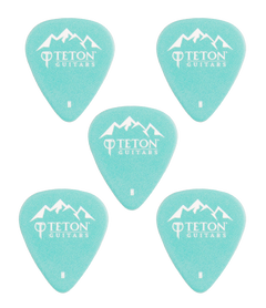 Five teal guitar picks with Teton Guitars branding on a white background