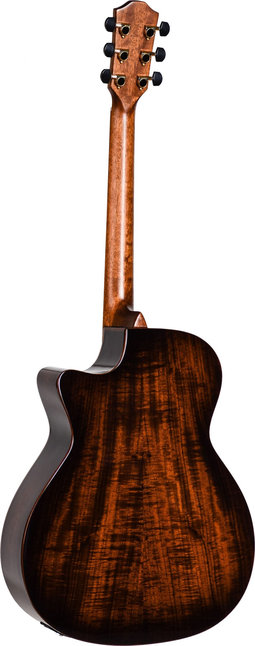 A back shot of an acoustic guitar with dark figured wood 
