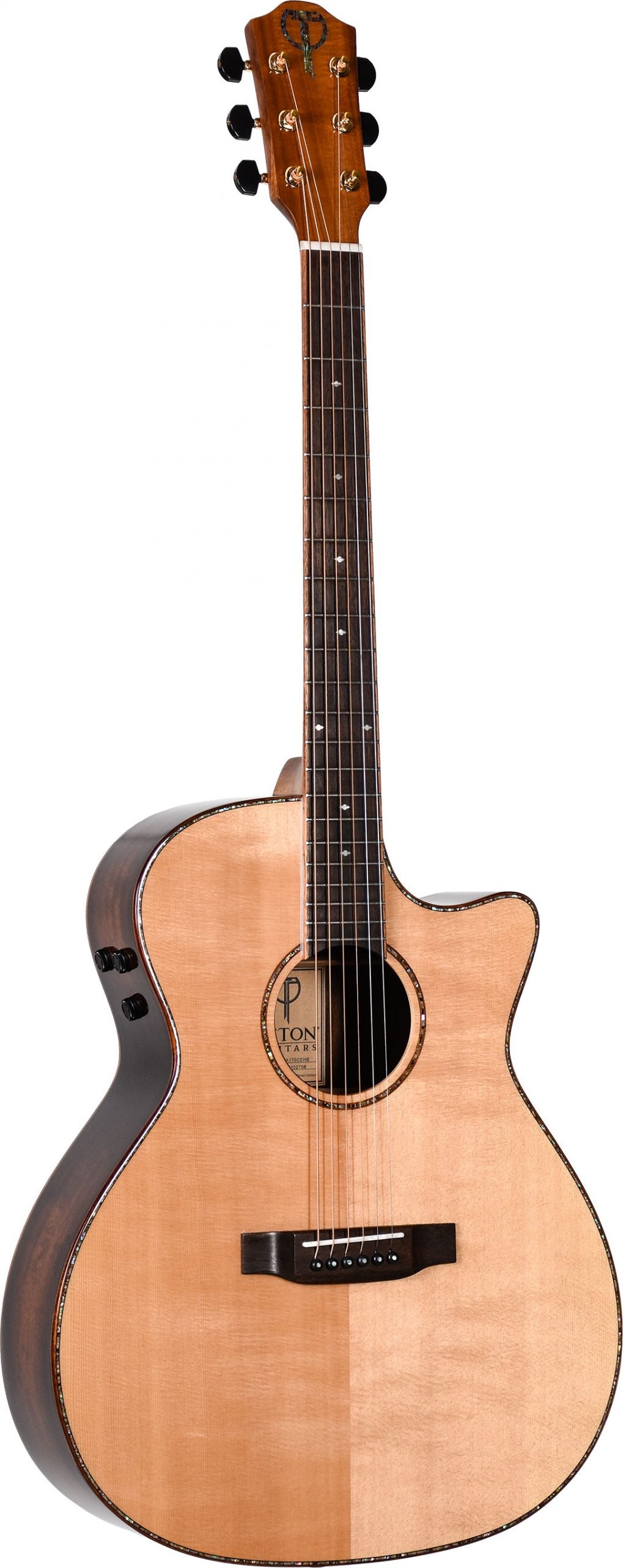 A front view of an acoustic guitar with Teton Guitars branding