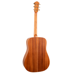 Back view of a wooden acoustic guitar on a white background