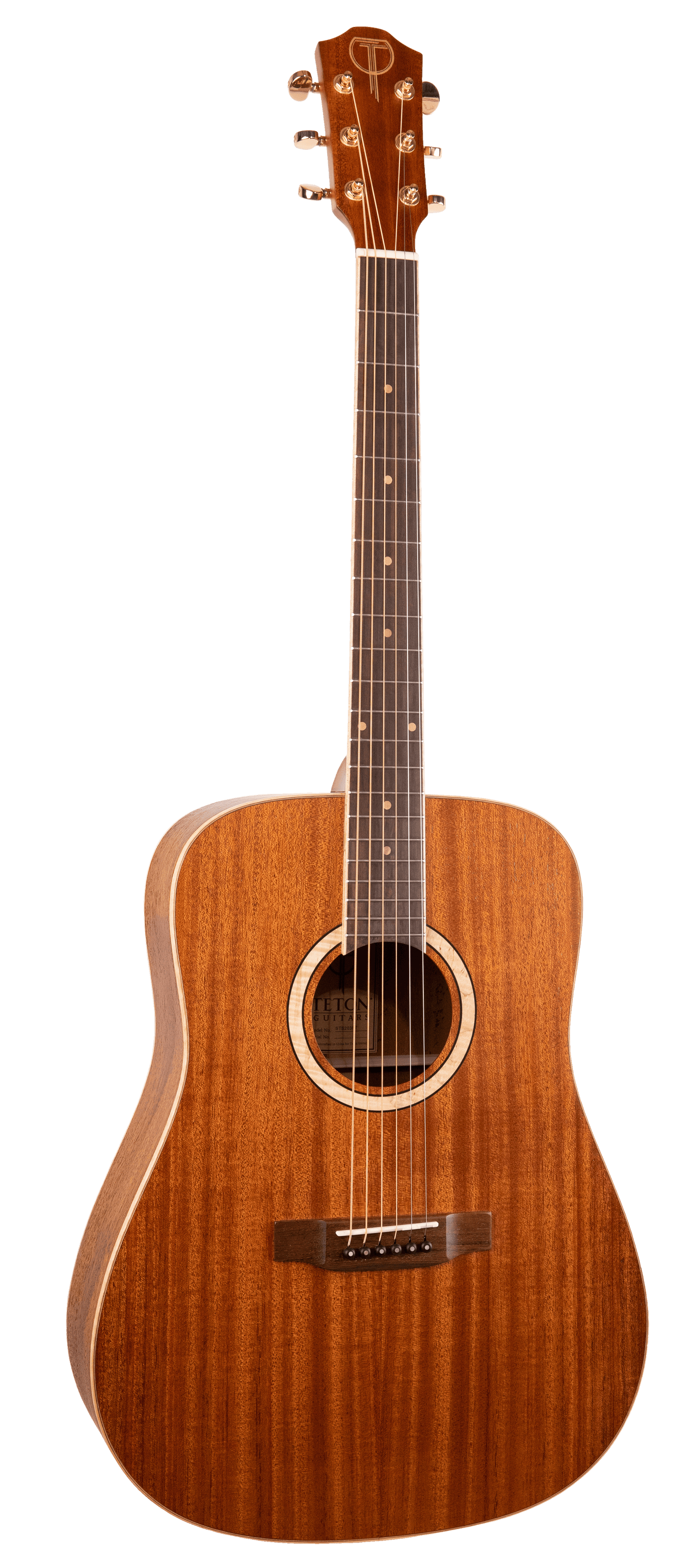 Front view of an acoustic guitar with Teton Guitars branding