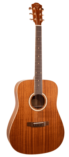 Front view of an acoustic guitar with Teton Guitars branding
