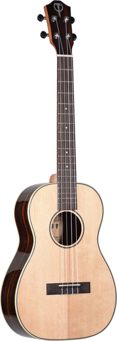 Front view of a baritone ukulele with light wood top and dark wood back/sides - ukulele also has Teton  Guitars branding