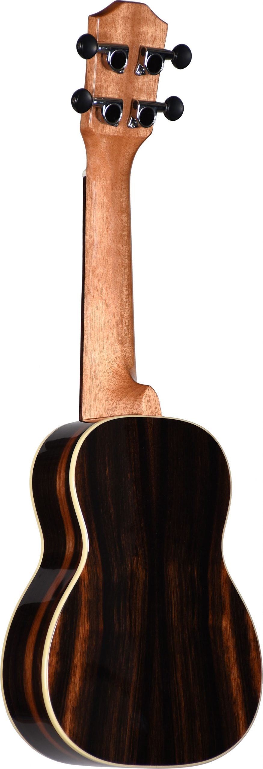 back view of a soprano ukulele with figured ebony wood on the body