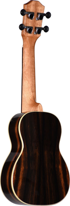 back view of a soprano ukulele with figured ebony wood on the body