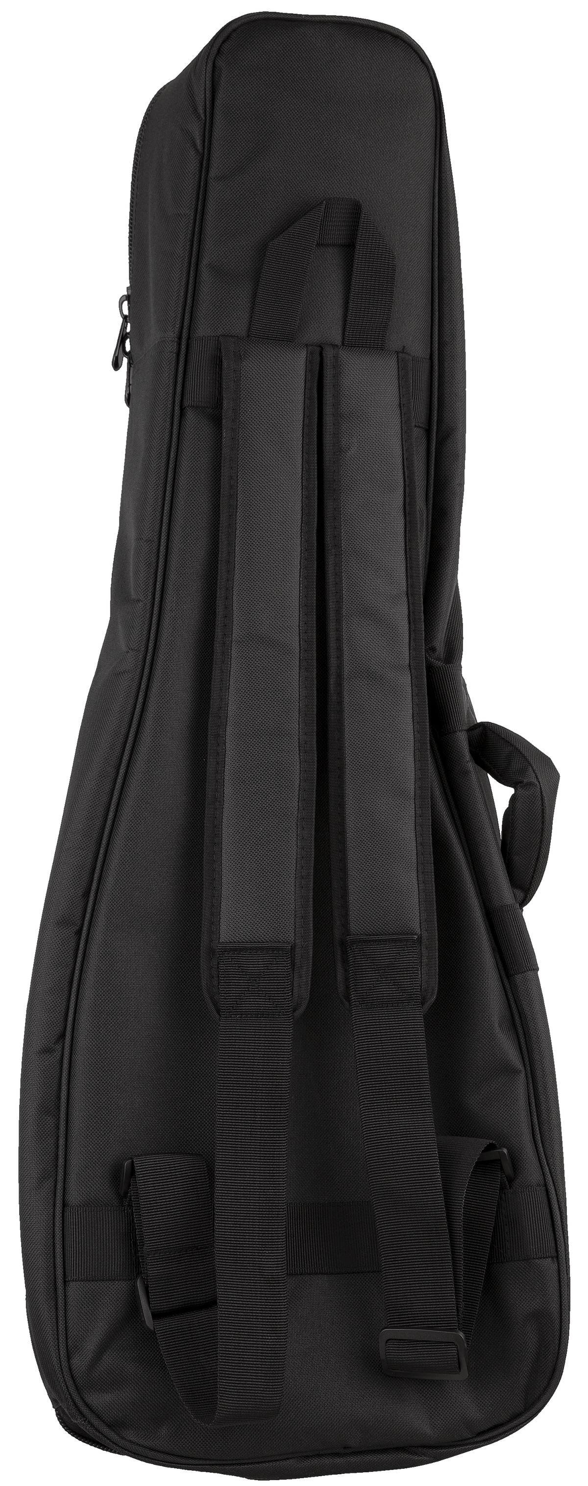 Back view of a black ukulele gig bag with backpack straps visible