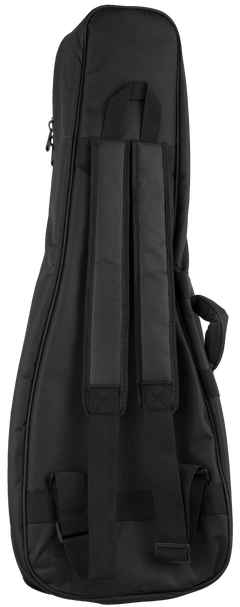 Back view of a black ukulele gig bag with backpack straps visible