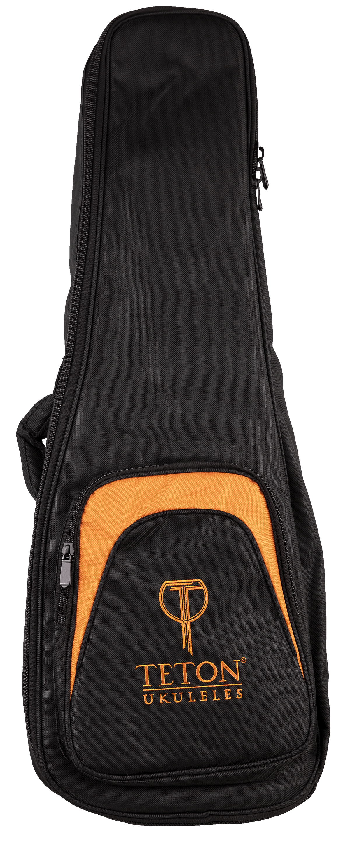 Front view of a black and orange ukulele gig bag with Teton Ukuleles branding