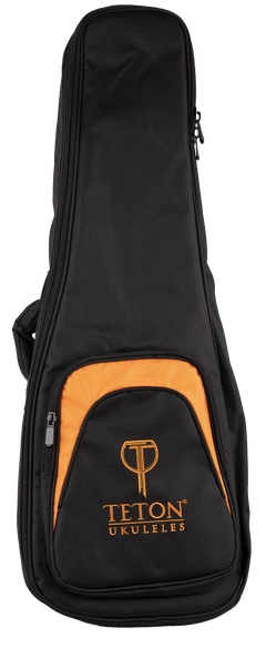 Front view of a black and orange ukulele gig bag with Teton Ukuleles branding