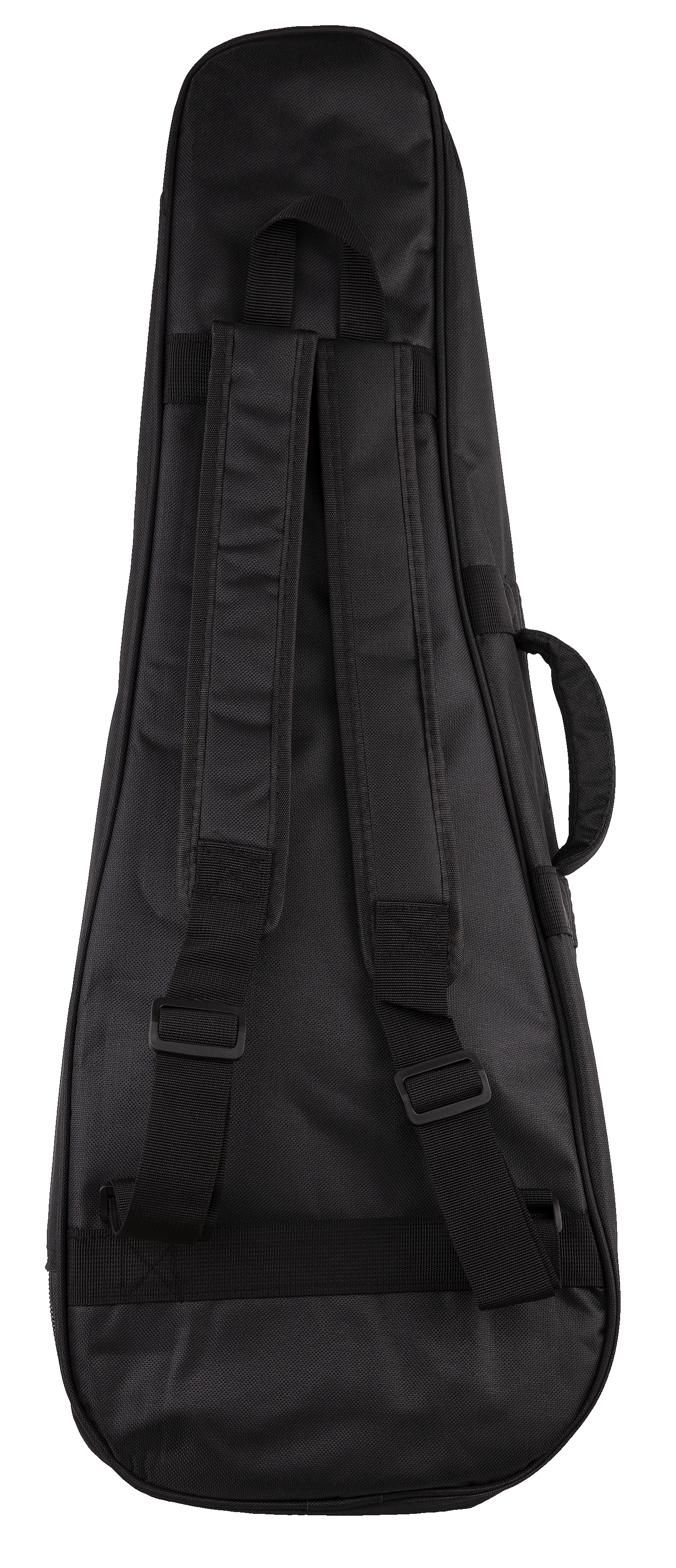The back view of a black ukulele gig bag with backpack straps
