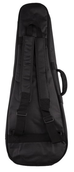 The back view of a black ukulele gig bag with backpack straps