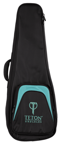 The front view of a black and teal ukulele gig bag with Teton Ukuleles branding