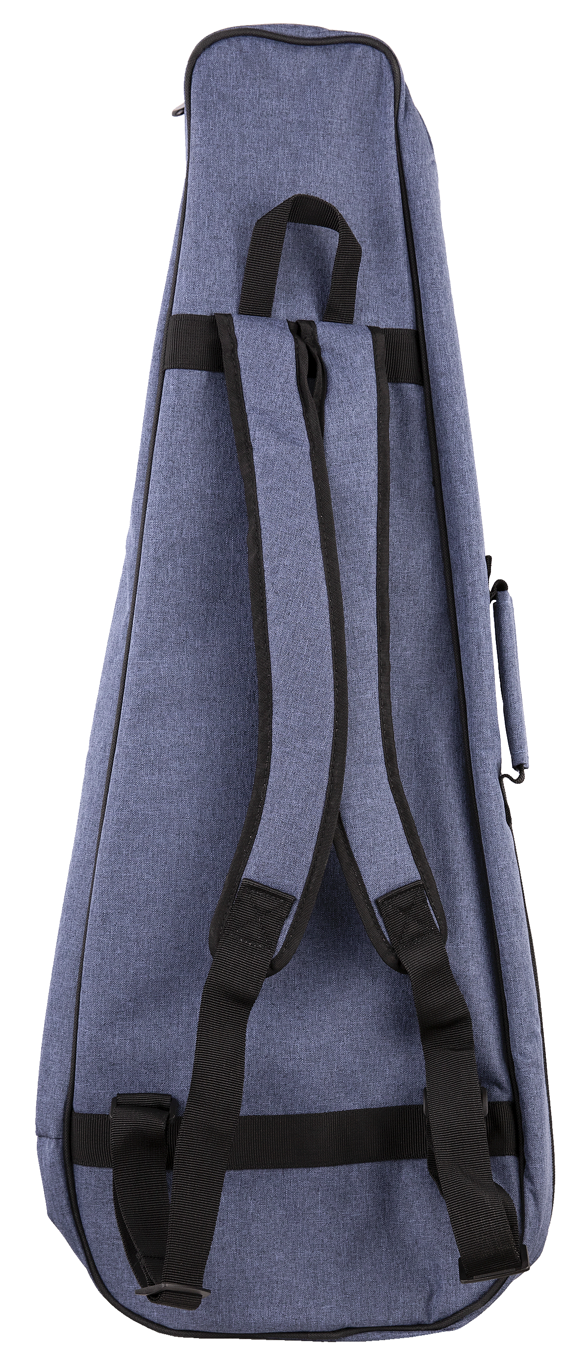 A back view of a blue ukulele gig bag with backpack straps