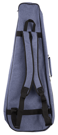 A back view of a blue ukulele gig bag with backpack straps