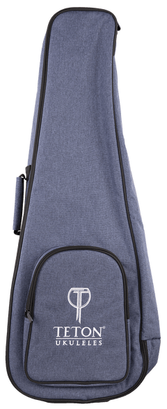 A blue ukulele gig bag with Teton Ukuleles branding