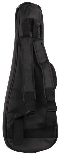Back view of a black ukulele gig bag with backpack straps visible