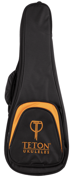 Front view of a black and orange ukulele gig bag with Teton Ukuleles branding